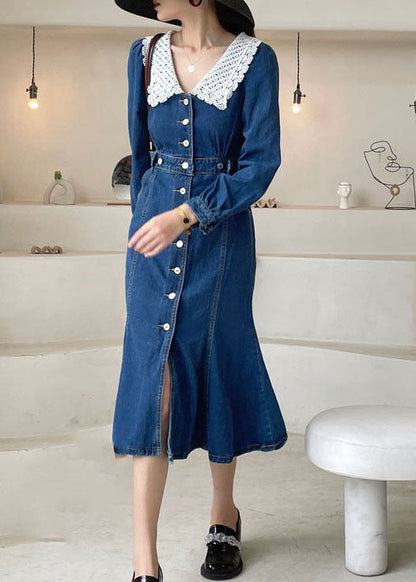 Dark Blue Slim Fit Button Denim Dress Spring