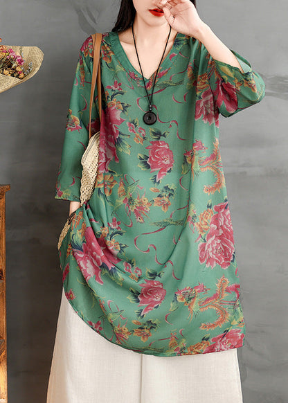 Green V Neck Print Cotton Mid Dress Summer