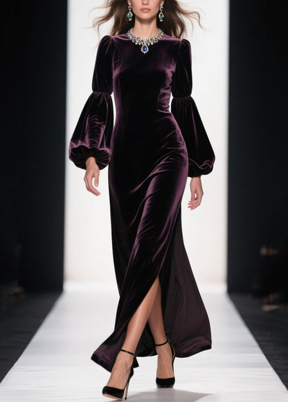 Boutique Purple Side Open Patchwork Velvet Ankle Dress Fall