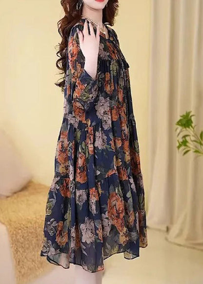 New Navy Print Wrinkled Cotton Long Dresses Long Sleeve Fall