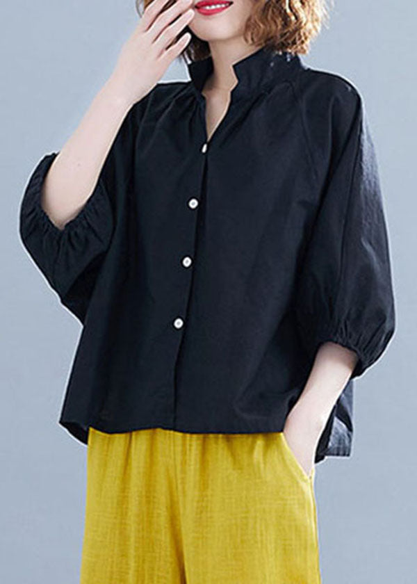 Black Stand Collar Button Cotton Shirt Half Sleeve