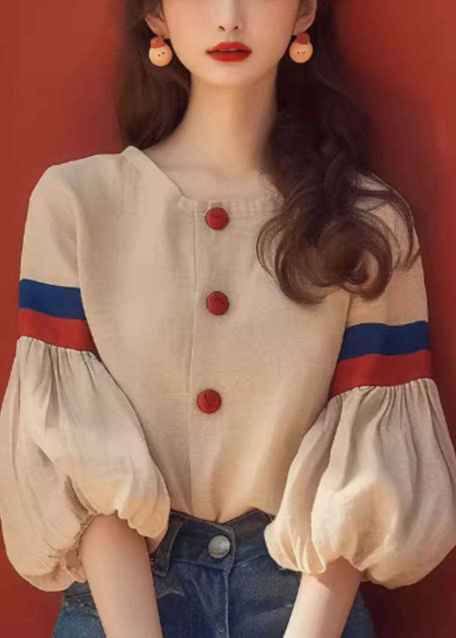 Art Apricot O-neck Patchwork Cotton Blouse Lantern Sleeve