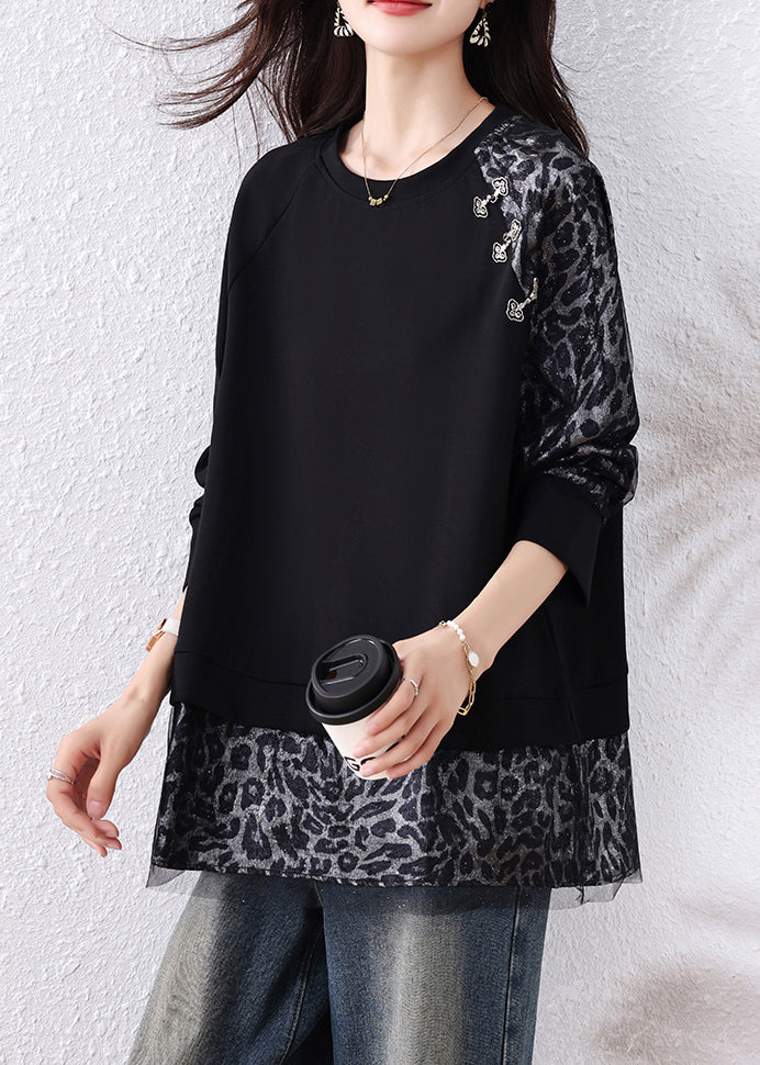 Black Leopard Tulle Patchwork Cotton T Shirts Fall