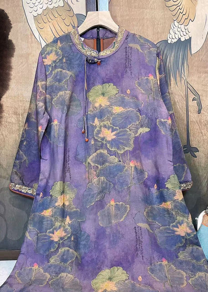 Purple Tasseled Embroideried Patchwork Silk Dresses Fall