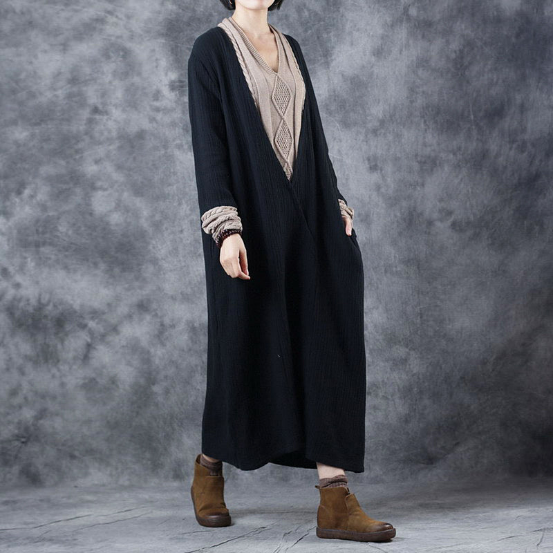 French Blackapricot V Neck Patchwork Pockets Fall Knit Long Sleeve Maxi Dress
