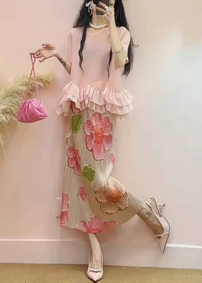 Pink Ruffled Patchwork Jacquard Silk Two Pieces Set Summer