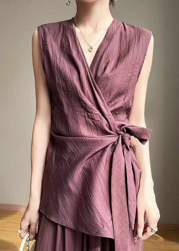 Purple Asymmetrical Lace Up Cotton Shirt Summer