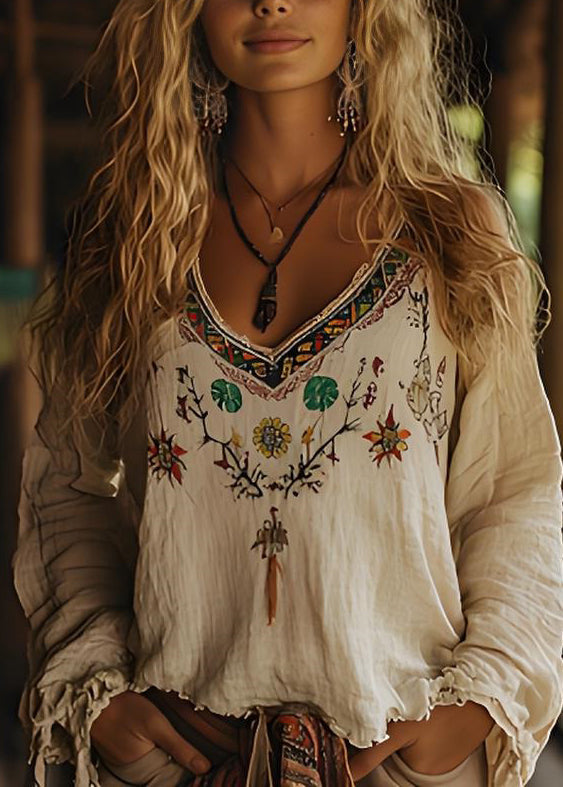 Beige V Neck Print Cotton Top Long Sleeve