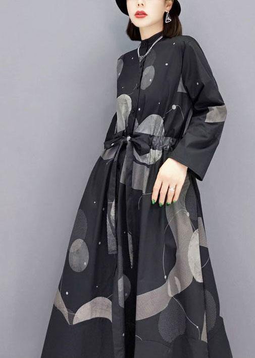 Stylish Black Stand Button Dresses Fall Long Sleeve