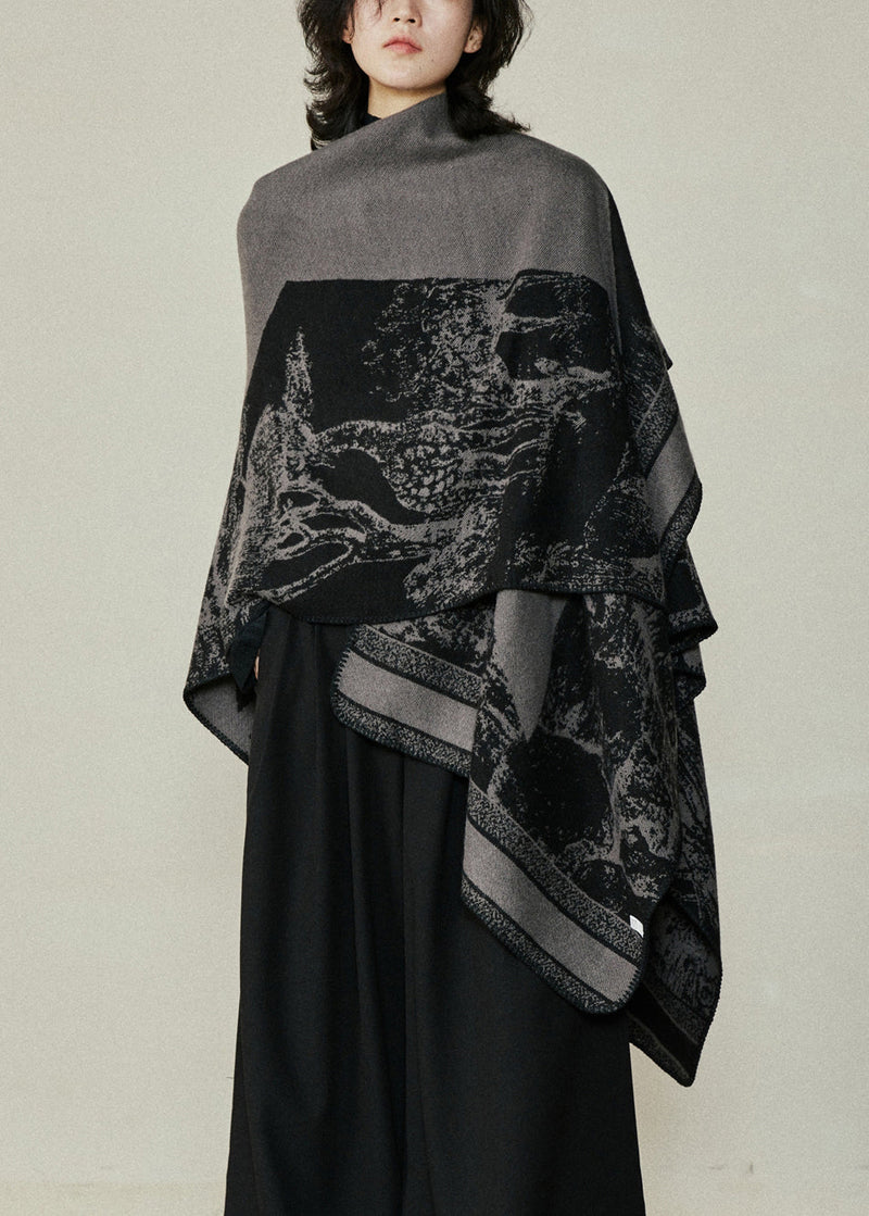 Organic Black V Neck Print Cotton Knit Shawl Coats Fall