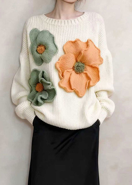 Stylish White Oversized Decorated Knitted Tops Winter