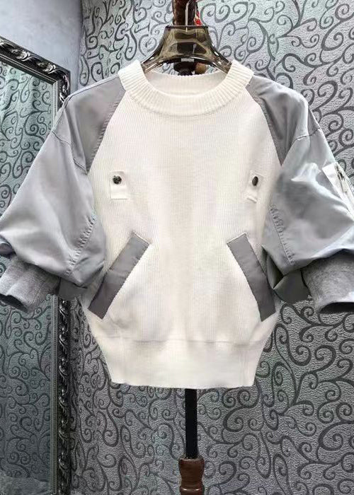 Early Spring Army Green O-neck Patchwork Knitted Top