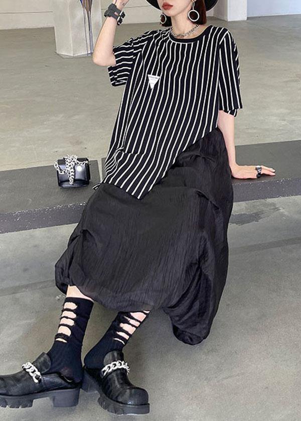 Stylish Black Striped Summer Asymmetrical Design Short Sleeve Tops
