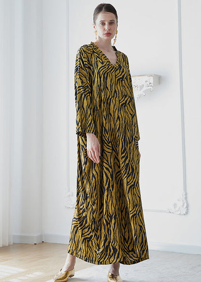 Yellow V Neck Print Patchwork Silk Robe Dresses Fall