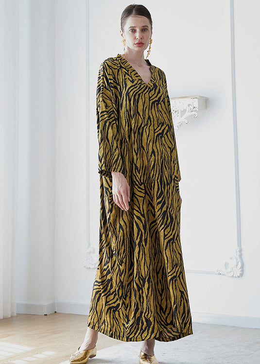 Yellow V Neck Print Patchwork Silk Robe Dresses Fall