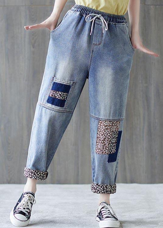 Blue Patchwork Pockets Cotton Pants Summer