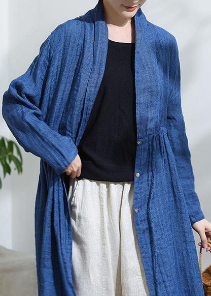 Blue Bow Button Drawstring Trench Coats Long Sleeve