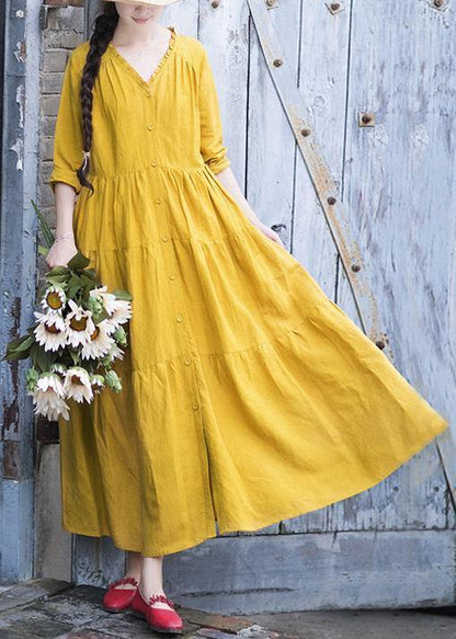 French V Neck Patchwork Spring Dresses Fabrics Yellow Dresses