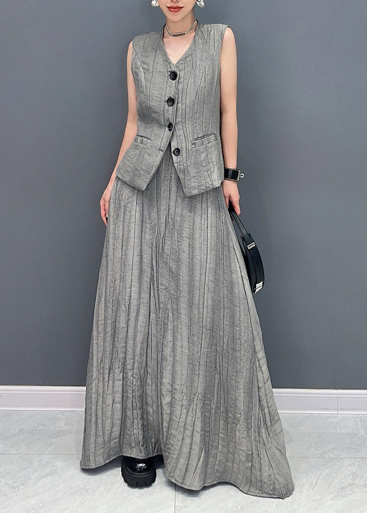 Boutique Grey V Neck Waistcoat and Skirts Two Pieces Set Sleeveless Summer