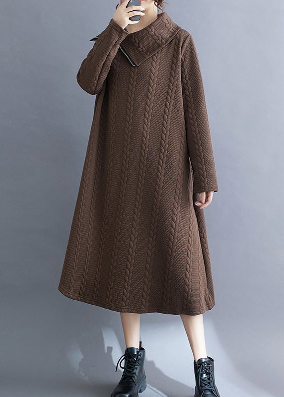 Coffee Cotton Long Dresses Asymmetrical Hign Neck Fall