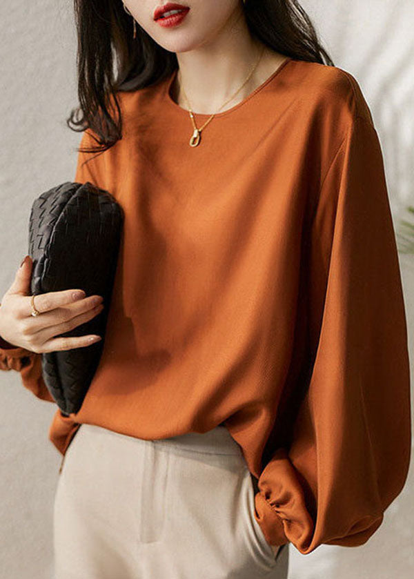 Caramel O-neck Oversized Draping Fine Silk Top Spring