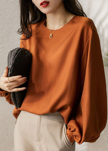 Caramel O-neck Oversized Draping Fine Silk Top Spring