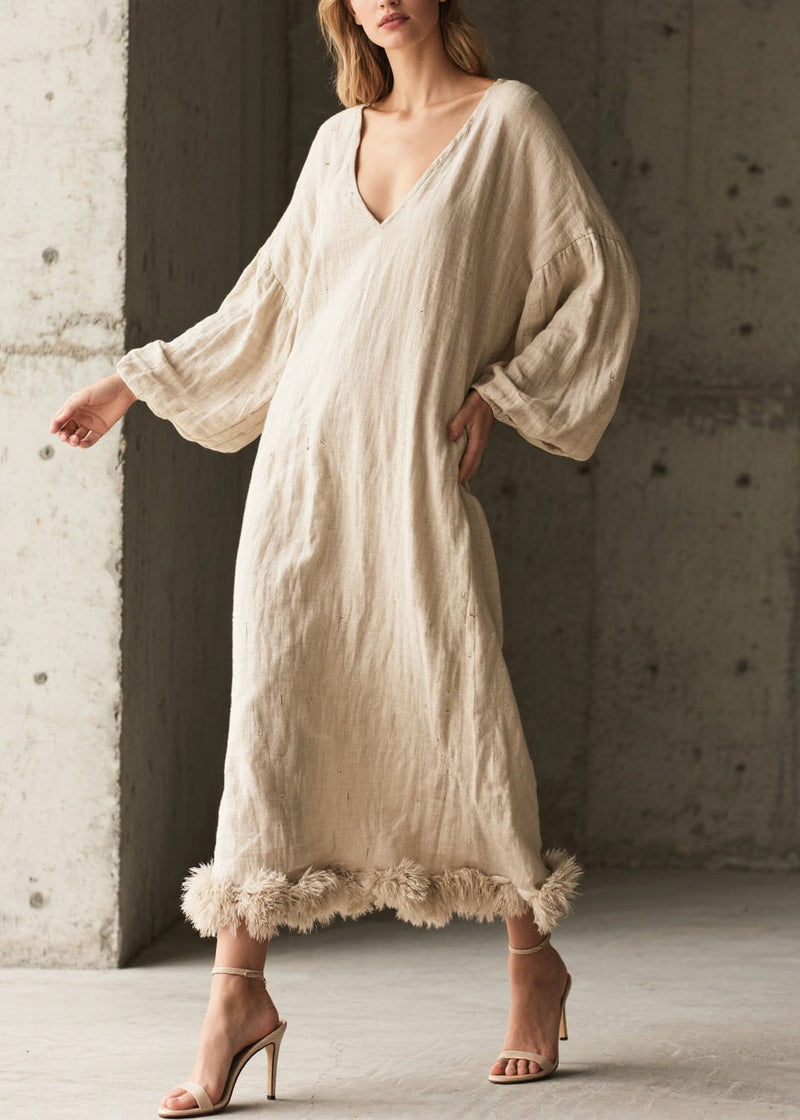 White V Neck Patchwork Faux Fur Maxi Dresses Fall