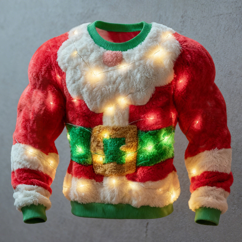 Comstylish Men's Fun Christmas Santa Claus And Colorful Lights Color-blocked Crew Neck Plush Sweatshirt