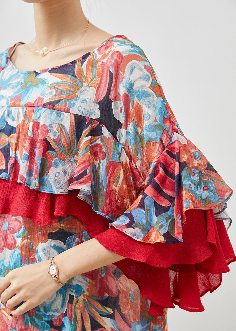 Print Patchwork Ruffles Chiffon Blouses Spring