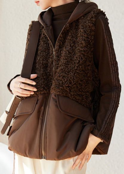 Loose Coffee Zip Up Faux Fur Patchwork Fine Cotton Filled Vest Sleeveless