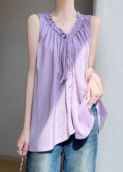 Purple Lace Up Cotton Blouses Ruffled Summer