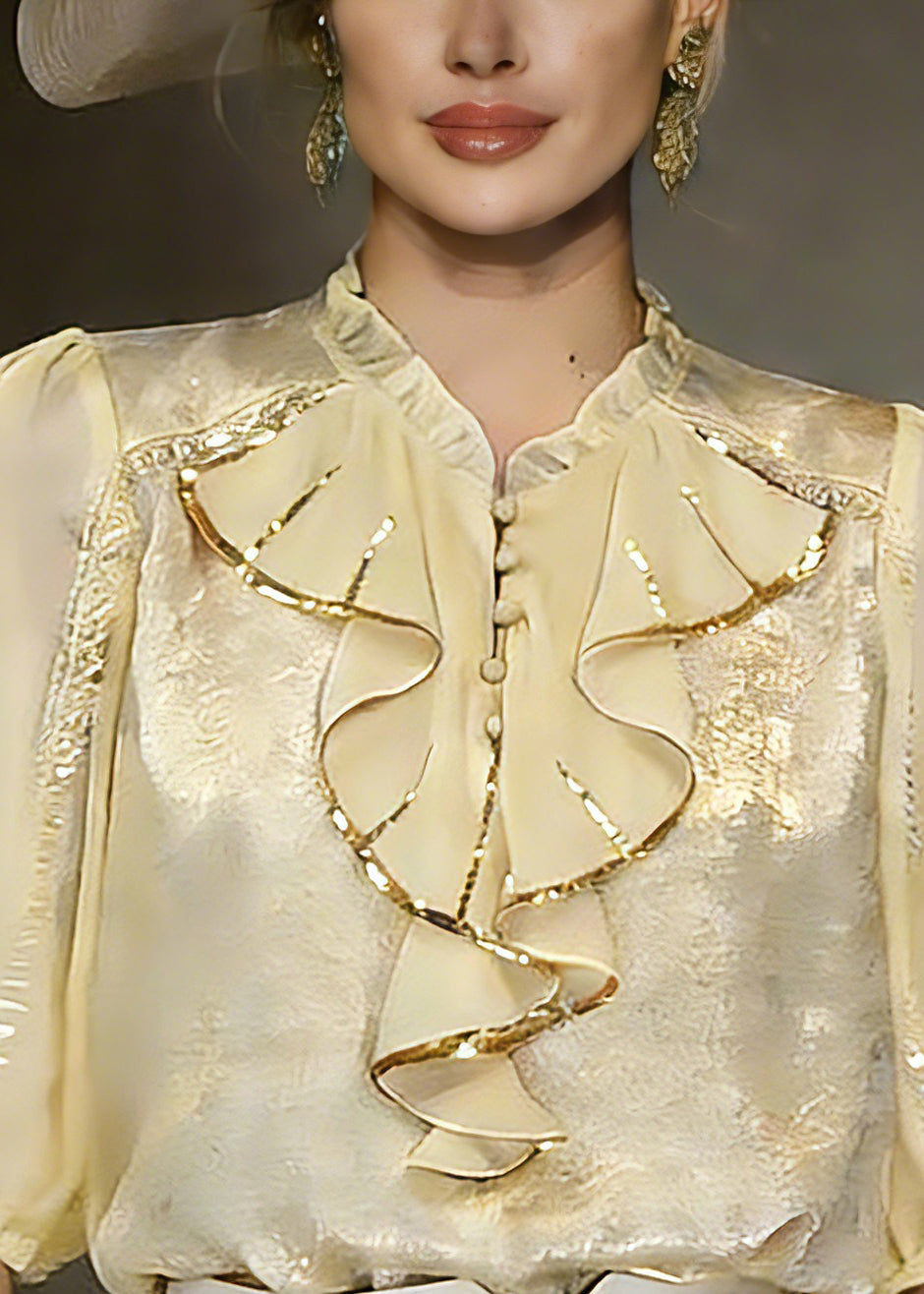 Yellow Stand Collar Ruffled Chiffon Shirt Summer