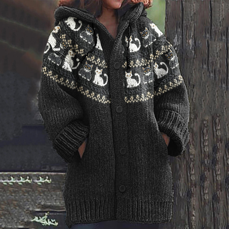 Comstylish Vintage Cat Art Pattern Cozy Cardigan Sweater