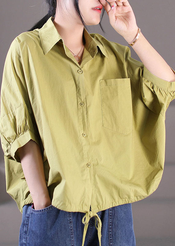 Yellow Peter Pan Collar Drawstring Pocket Cotton Shirt Top Short Sleeve
