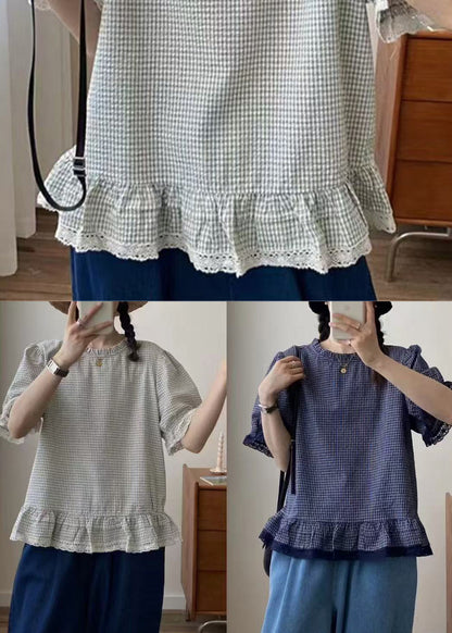 Art Apricot Ruffles Plaid Cotton Shirt Summer