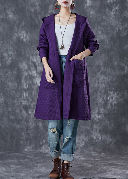 Purple Hooded Pockets Cotton Tench Coats Fall
