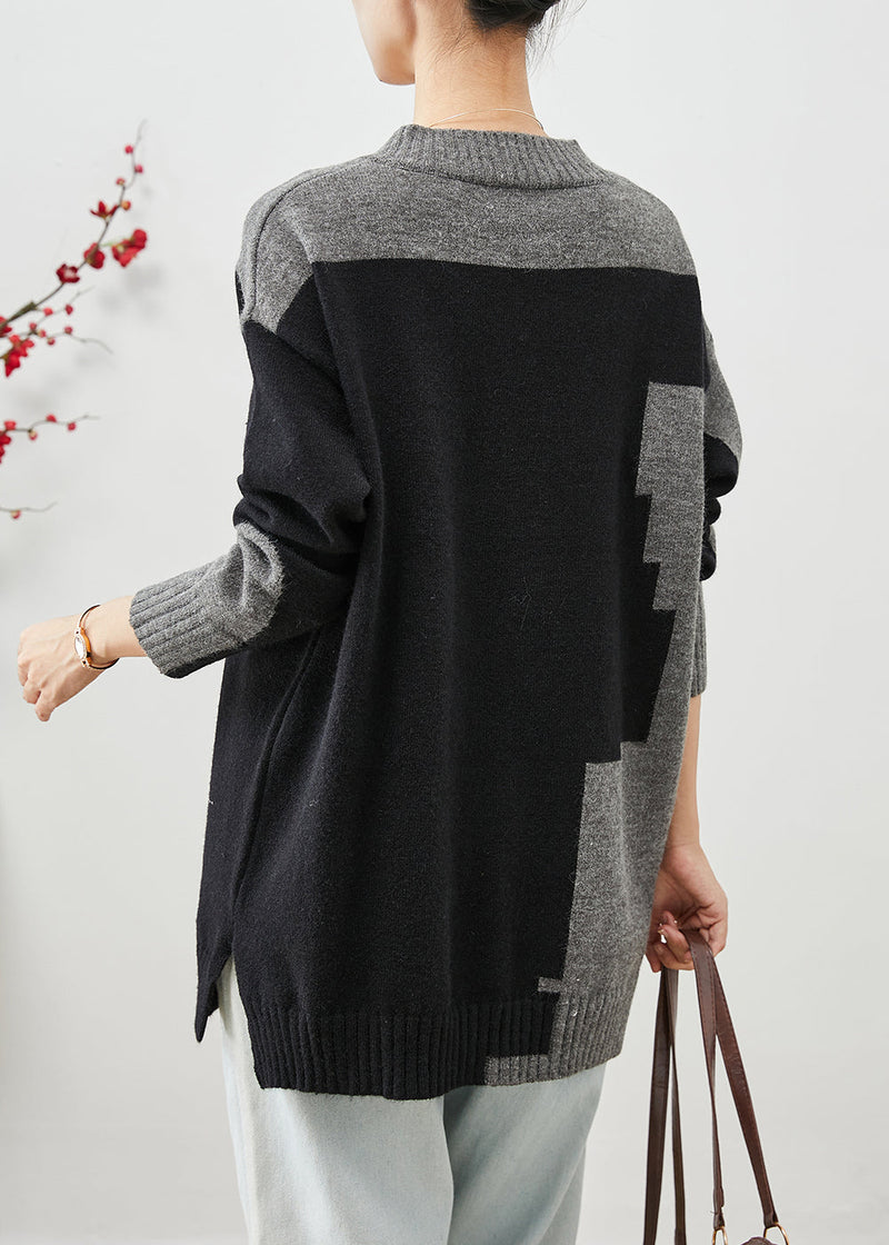 Colorblock V Neck Patchwork Thick Knitted Tops Winter
