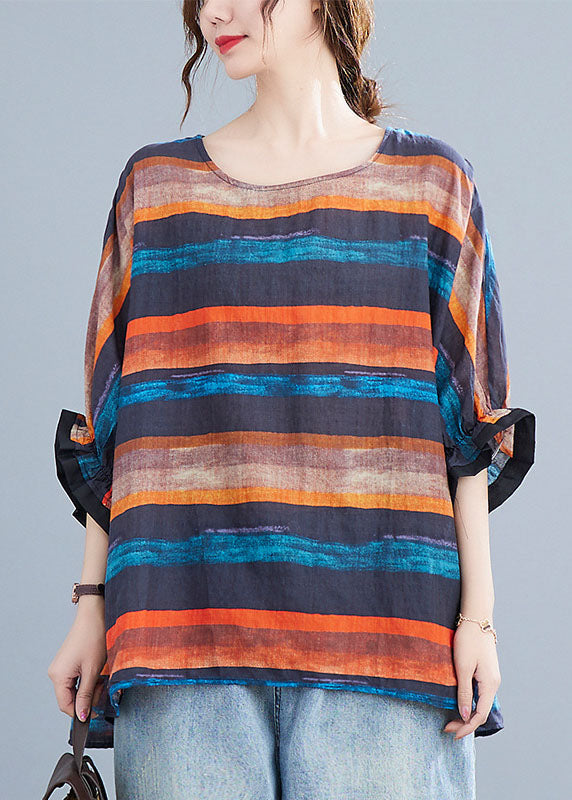 Orange Bat Wing Sleeve O-neck Asymmetrical Design Fall Striped Top