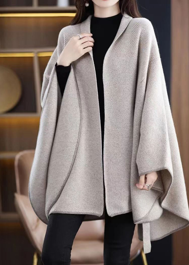V Neck Tie Waist Patchwork Knit Loose Cardigans Cloak Sleeves