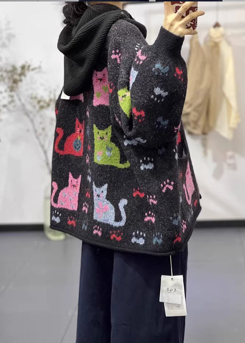 Black Oversized Print Denim Knit Jackets Spring