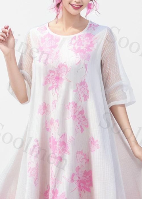 Loose Pink O-neck Print Silk Long Dress Summer