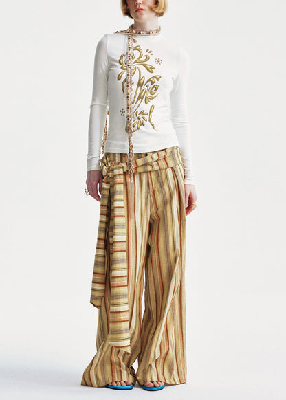 Yellow Striped Cotton Wide Leg Pants Summer