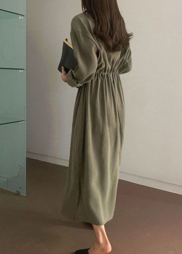 Loose Army Green Side Open Cinched Cotton Maxi Dresses Spring