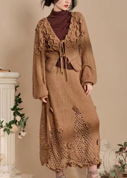 Dark Khaki Lace Up Hollow Out Knit Two Piece Set Spring