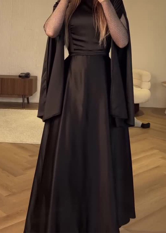 Black O Neck Patchwork Slim Fit Silk Dress Fall