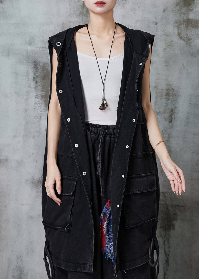 Black Drawstring Pockets Cotton Hooded Vest Spring