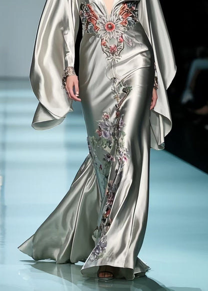 Original Design Grey Deep-v Neck Print Silk Party Dresses Batwing Sleeve Spring