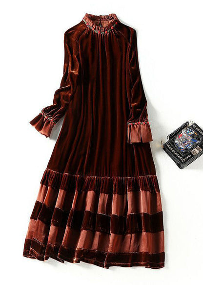 Brown Oversized Patchwork Silk Velour Robe Dresses Spring