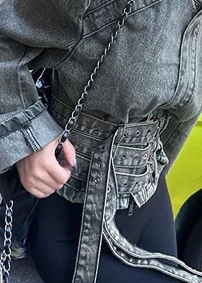 Blue Stand Collar Asymmetrical Patchwork Denim Coat Spring