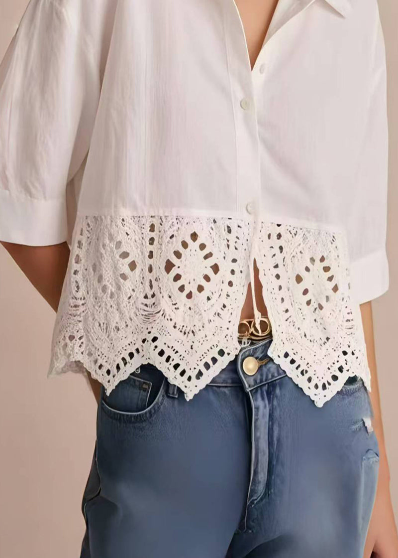 Style White Peter Pan Collar Patchwork Lace Tops Half Sleeve